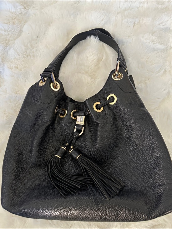 Michael Kors Handbags - Michael Kors Black Pebbled Leather Tassel Shoulder Bag with Gold Hardware